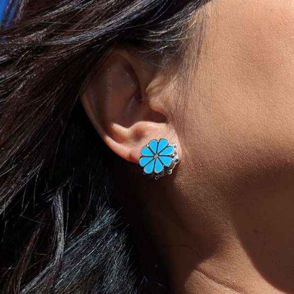 Handcrafted Native American Sterling Silver Turquoise Floral‎ Inlay Earrings*** - Picture 1 of 9